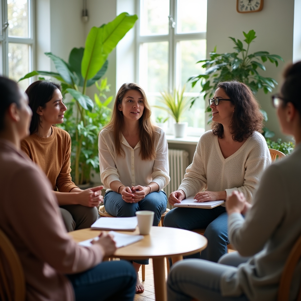 Kis csoport ül körben egy world workshop jellegű beszélgetésen az egyensúly témájáról